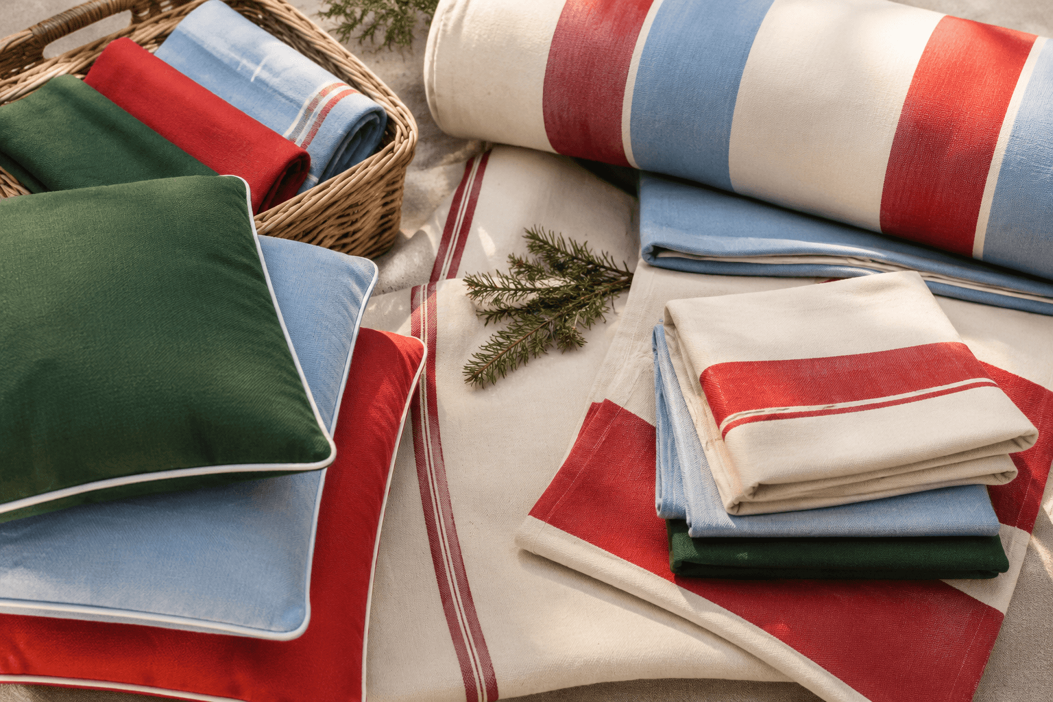 Folded canvas picnic textiles and cushions