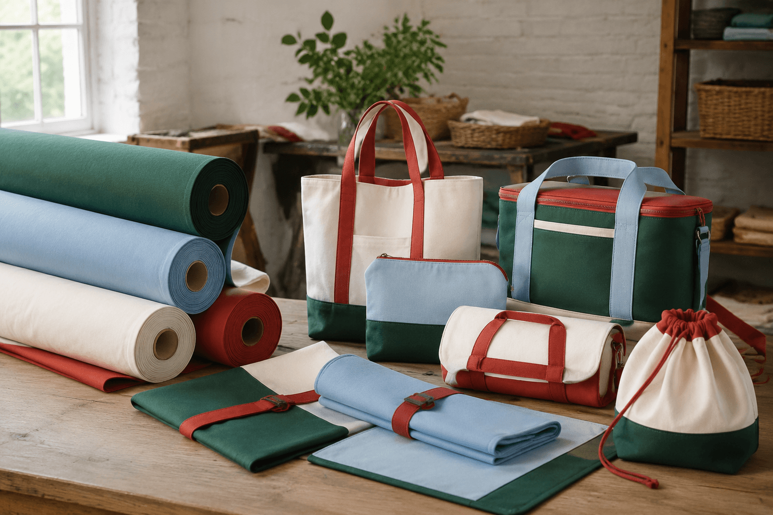 A calm workshop table with rolls of canvas and finished picnic goods