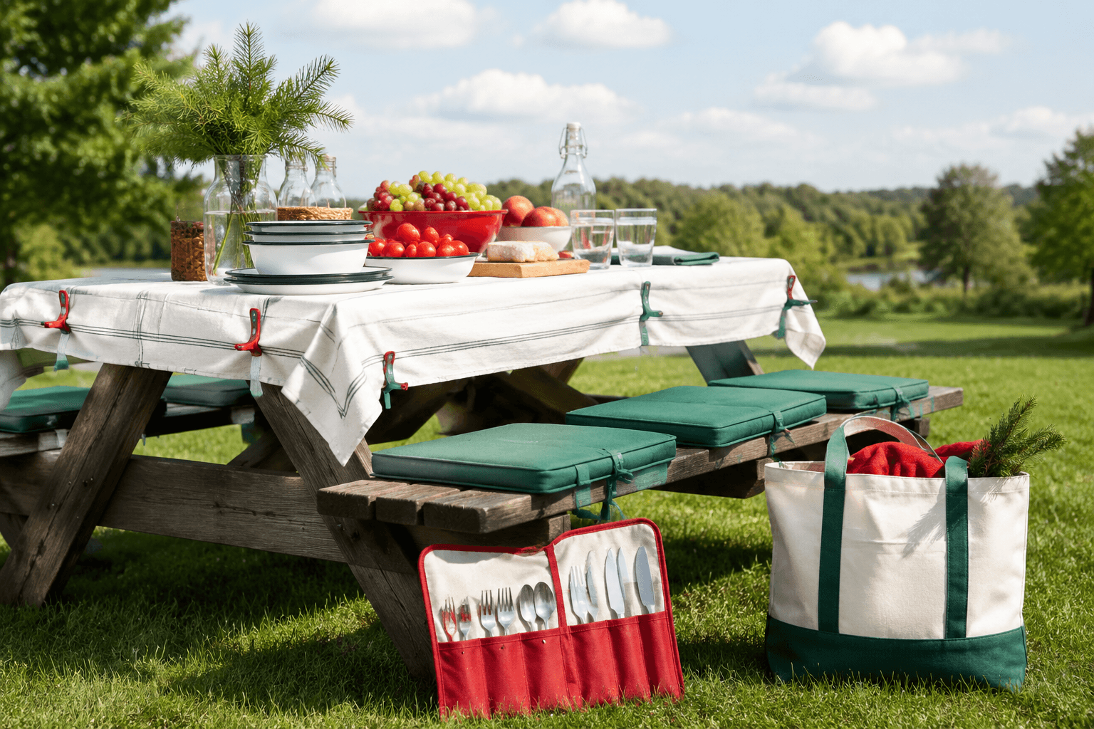 A picnic table set with folding cushions, clips and a utensil pouch on a sunny lawn